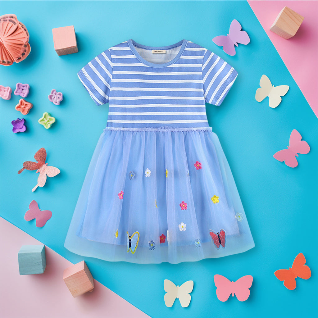 Girls Butterfly Embroidery Striped Dress Casual Dresses Blue 1-2 Y 