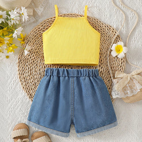 Girls Yellow Big Flower Applique Top With Floral Printed Denim Shorts Set Sets