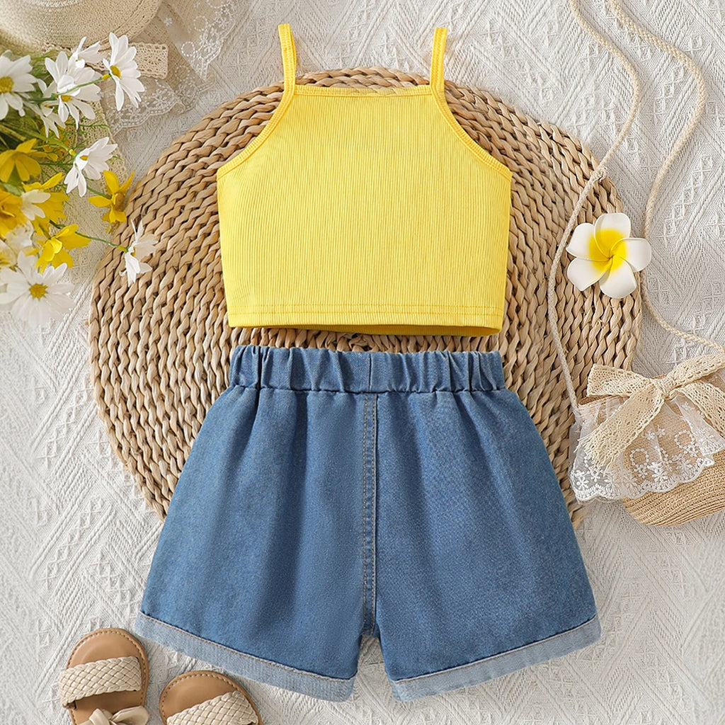 Girls Yellow Big Flower Applique Top With Floral Printed Denim Shorts Set Sets