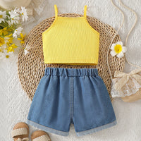 Girls Yellow Big Flower Applique Top With Floral Printed Denim Shorts Set Sets