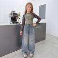 Girls Light Blue Heart Graphic Loose Fit Denim Jeans Pants Light Blue 5-6 Y