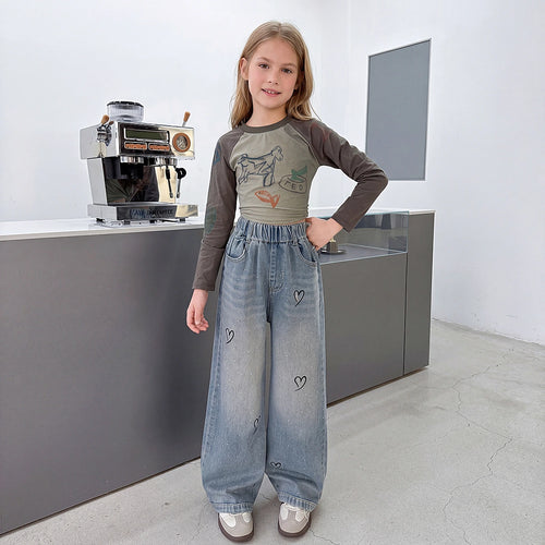 Girls Light Blue Heart Graphic Loose Fit Denim Jeans Pants Light Blue 5-6 Y