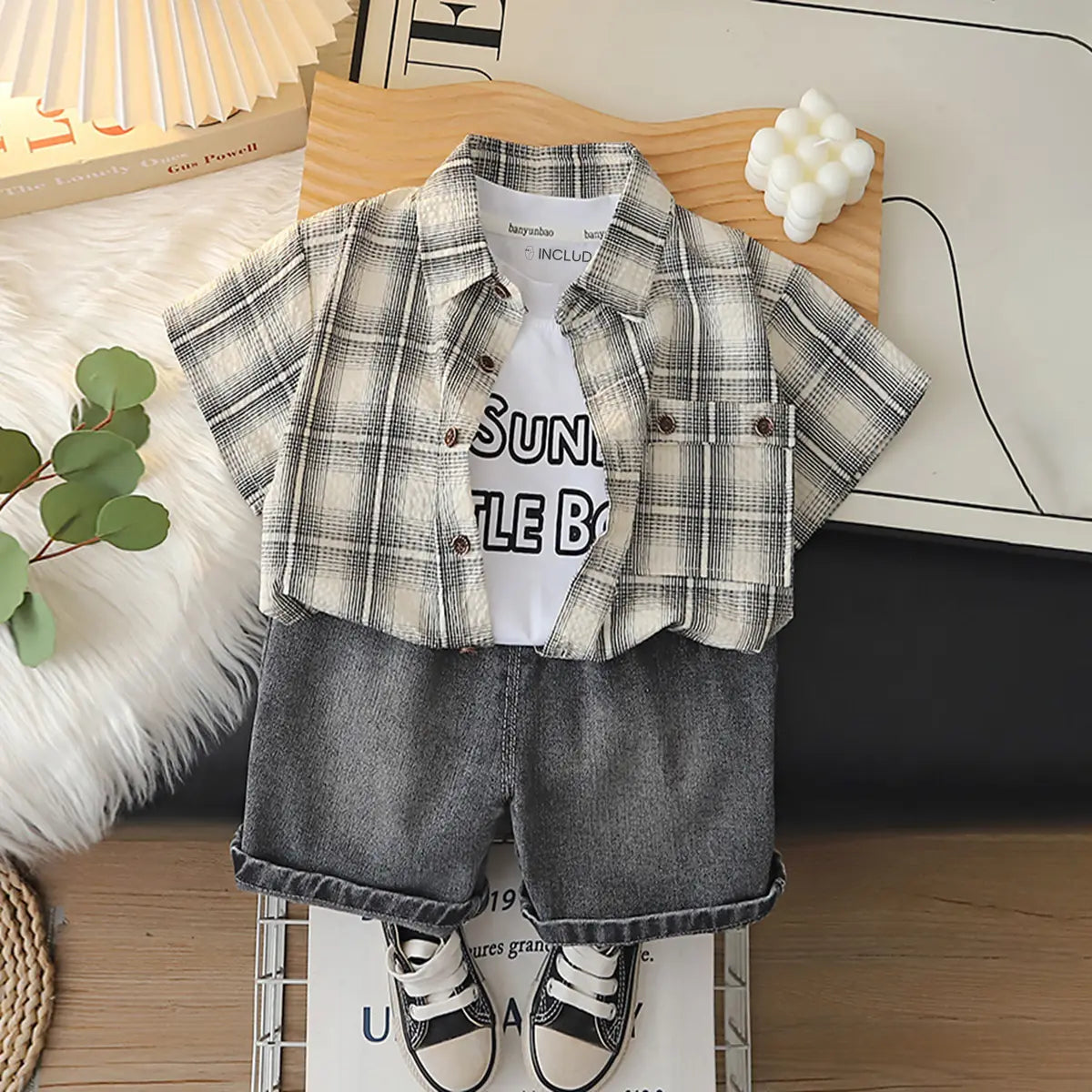 Boys Beige Checked Shirt With Printed T-Shirt And Denim Shorts Sets 3 pc. Sets Beige 1-2 Y