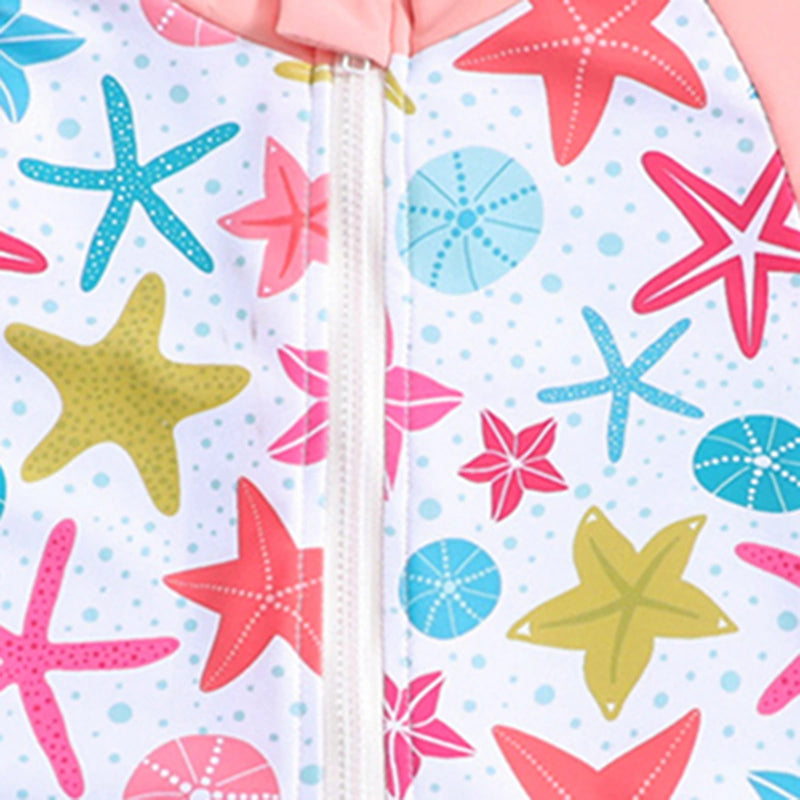 Girls Pink Star Print Half Zipper Swimwear Bodysuit Beachwear