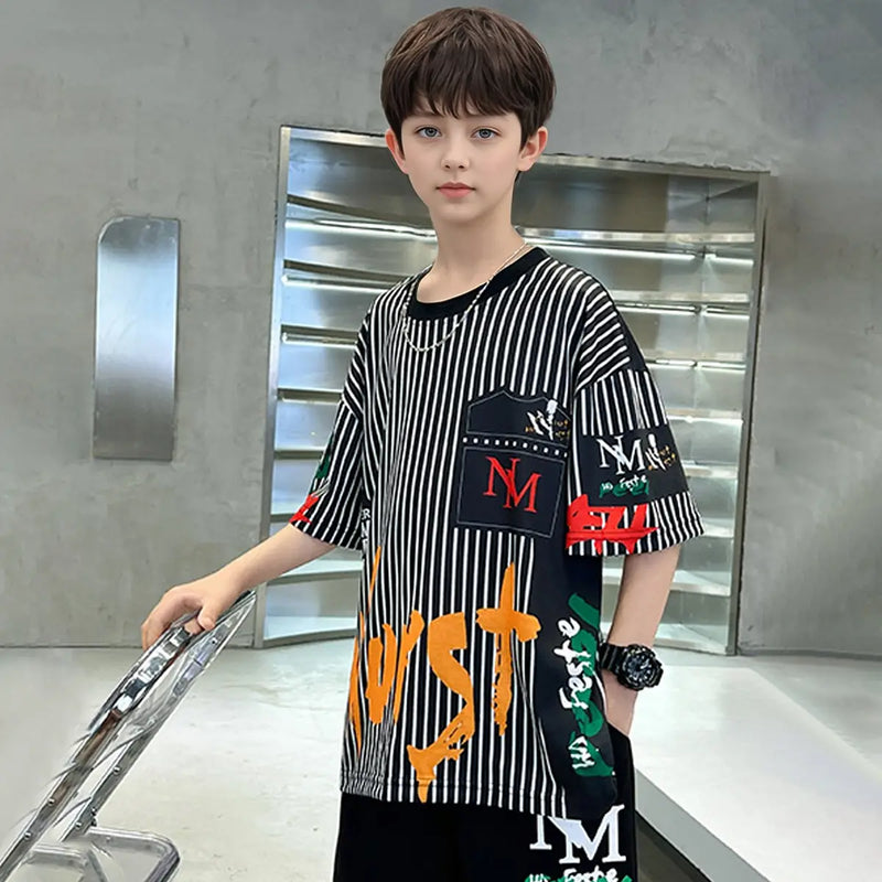 Boys Black Stripes & Typographic Printed Oversized T-Shirt With Shorts Set Sets