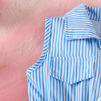 Girls Blue Striped Sleeveless Button-Front Belted Romper Jumpsuits