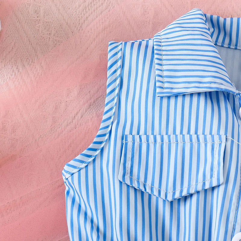 Girls Blue Striped Sleeveless Button-Front Belted Romper Jumpsuits