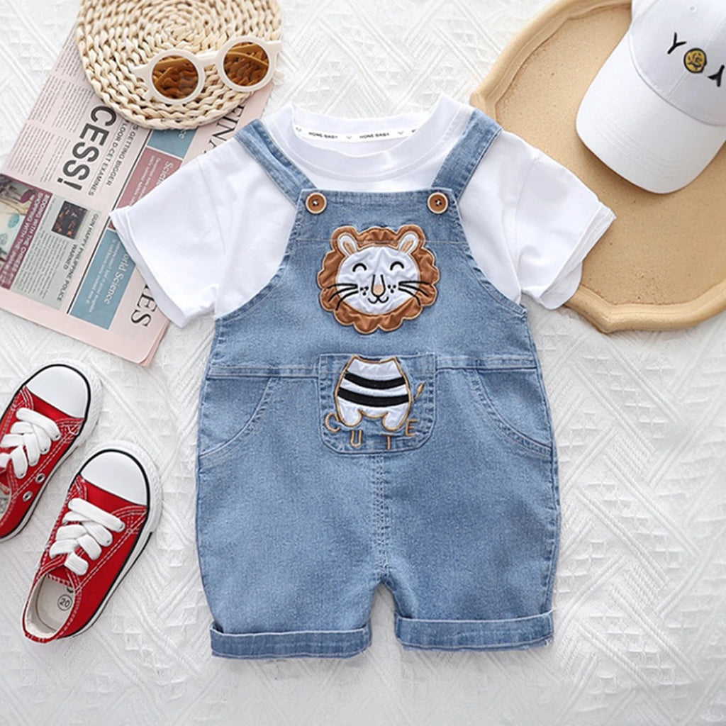 Boys White Lion Applique Short Sleeve T-Shirt With Denim Dungaree Sets 2 pc. Sets White 1-2 Y