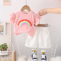 Girls Rainbow Applique Short Sleeve T-Shirt With Shorts 2 pc. Sets Pink 1-2 Y 