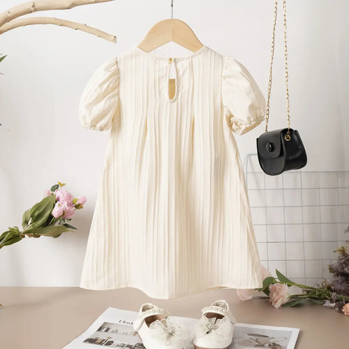 Girls Apricot Stripes A-line Dress With Puff Sleeves Casual Dresses