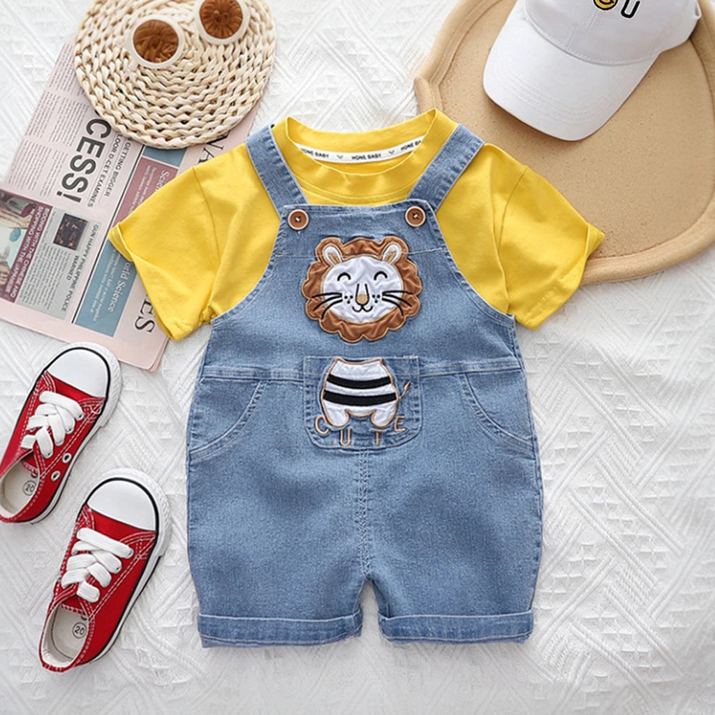 Boys Yellow Lion Applique Short Sleeve T-Shirt With Denim Dungaree Sets 2 pc. Sets Yellow 1-2 Y