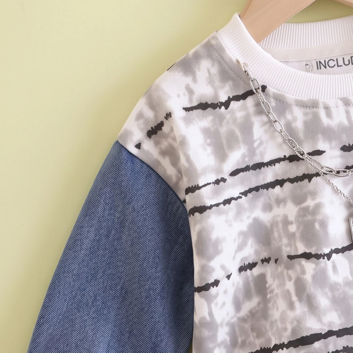 Boys Grey Striped Sweatshirt With Denim Pants Sets 2 pc. Sets