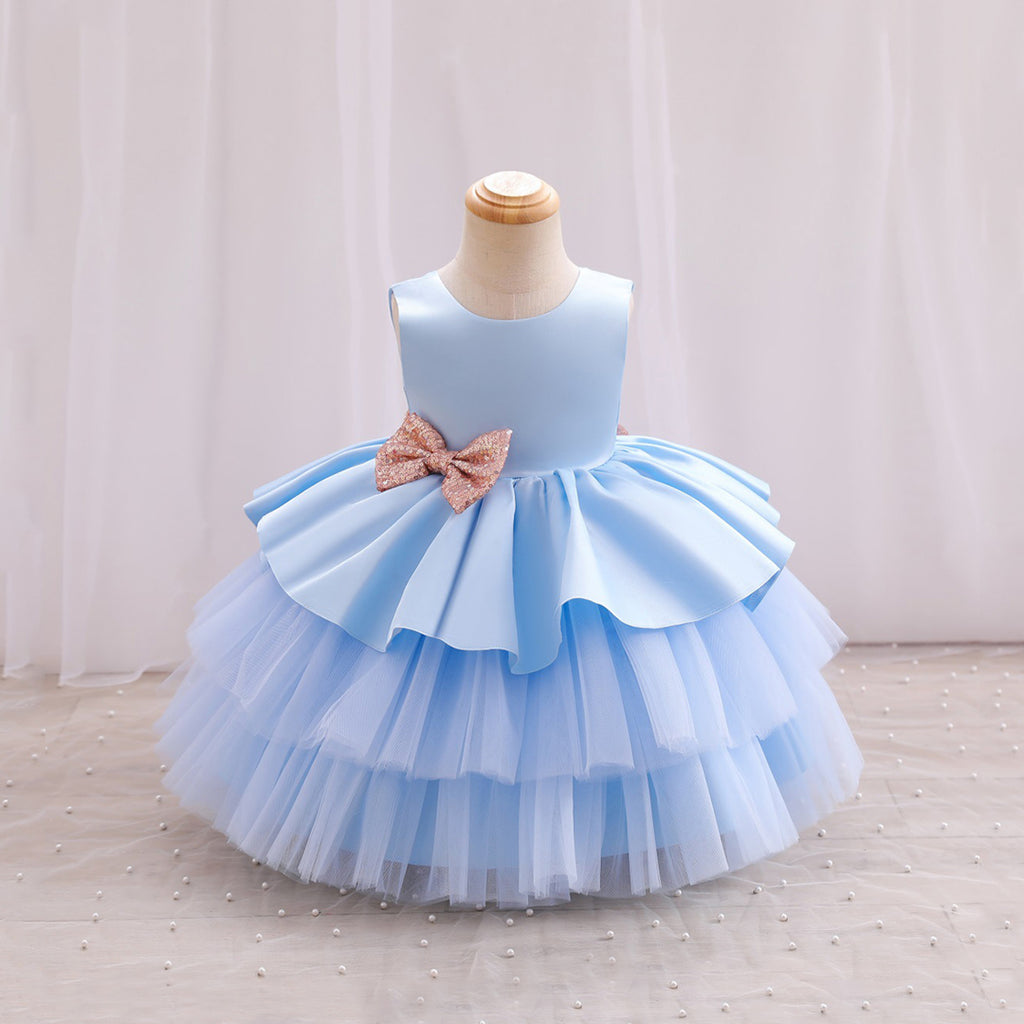 Girls Sleeveless Sequins Bow Party Dress