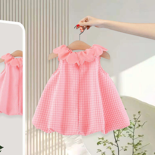 Girls Pink Checked A-line Dress With Bunny And Strawberry Embroidery Casual Dresses
