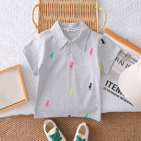 Boys Grey Horse Printed Polo T-Shirt With Shorts Set 2 pc. Sets