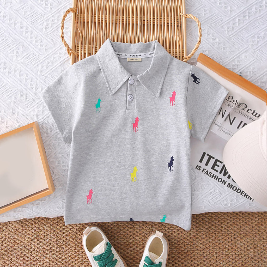 Boys Grey Horse Printed Polo T-Shirt With Shorts Set 2 pc. Sets