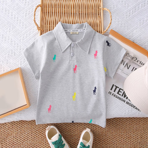 Boys Grey Horse Printed Polo T-Shirt With Shorts Set 2 pc. Sets
