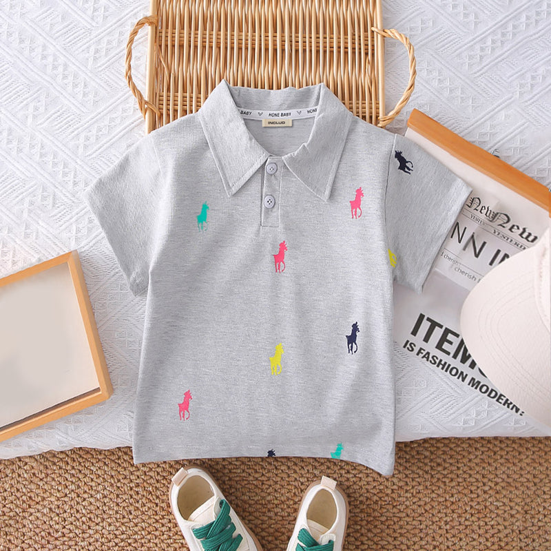 Boys Grey Horse Printed Polo T-Shirt With Shorts Set 2 pc. Sets