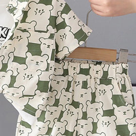 Boys Green Allover Bear Print Shirt With Short & Sleeveless T-Shirt Sets Sets