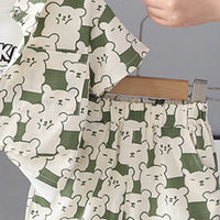 Boys Green Allover Bear Print Shirt With Short & Sleeveless T-Shirt Sets Sets