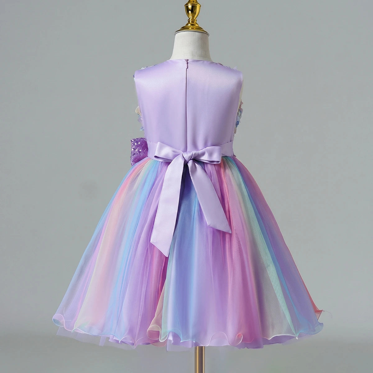 Girls Lavender Floral Applique Fit & Flare Party Wear Dress With Sequin Bow Party Dresses