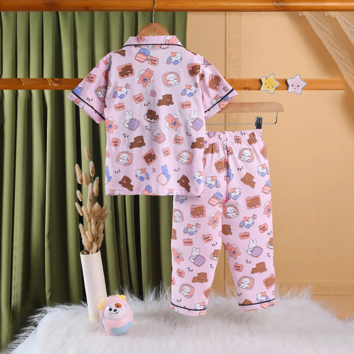 Girls Pink Bear Print Short Sleeve Shirt With Elasticated Pants Sets Sets