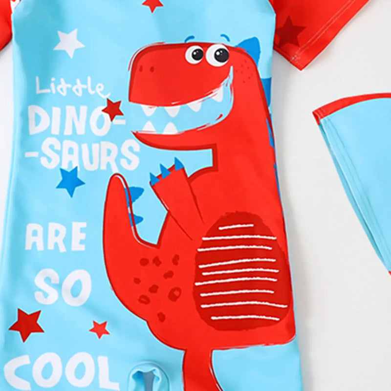 Boys Sky Blue Dinosaur Print Swimwear Bodysuit With Swim Cap Beachwear