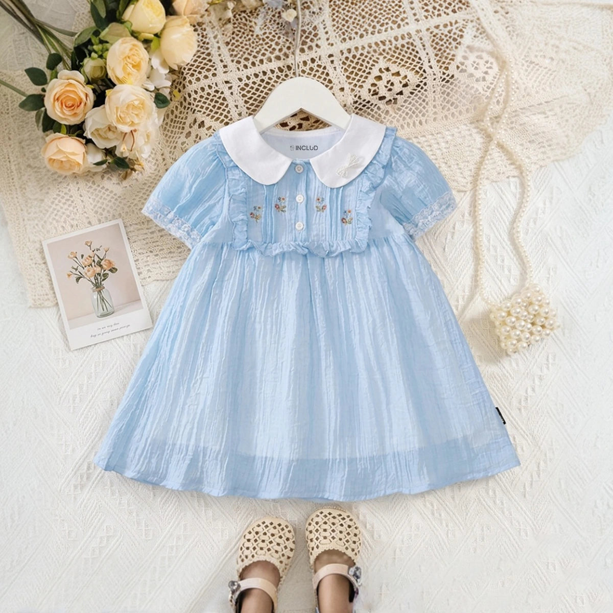 Girls Light Blue Textured Peter Pan Collar Fit & Flare Dress Casual Dresses Light Blue 2-3 Y