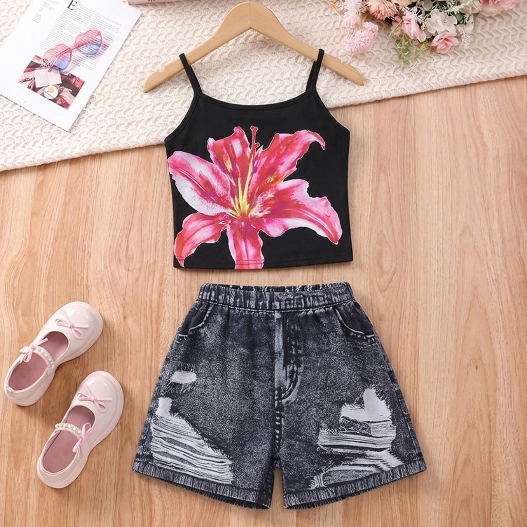 Girls Black Floral Top With Fake Denim Printed Shorts Sets Sets Black 7-8 Y