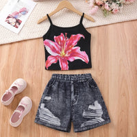 Girls Black Floral Top With Fake Denim Printed Shorts Sets Sets Black 7-8 Y