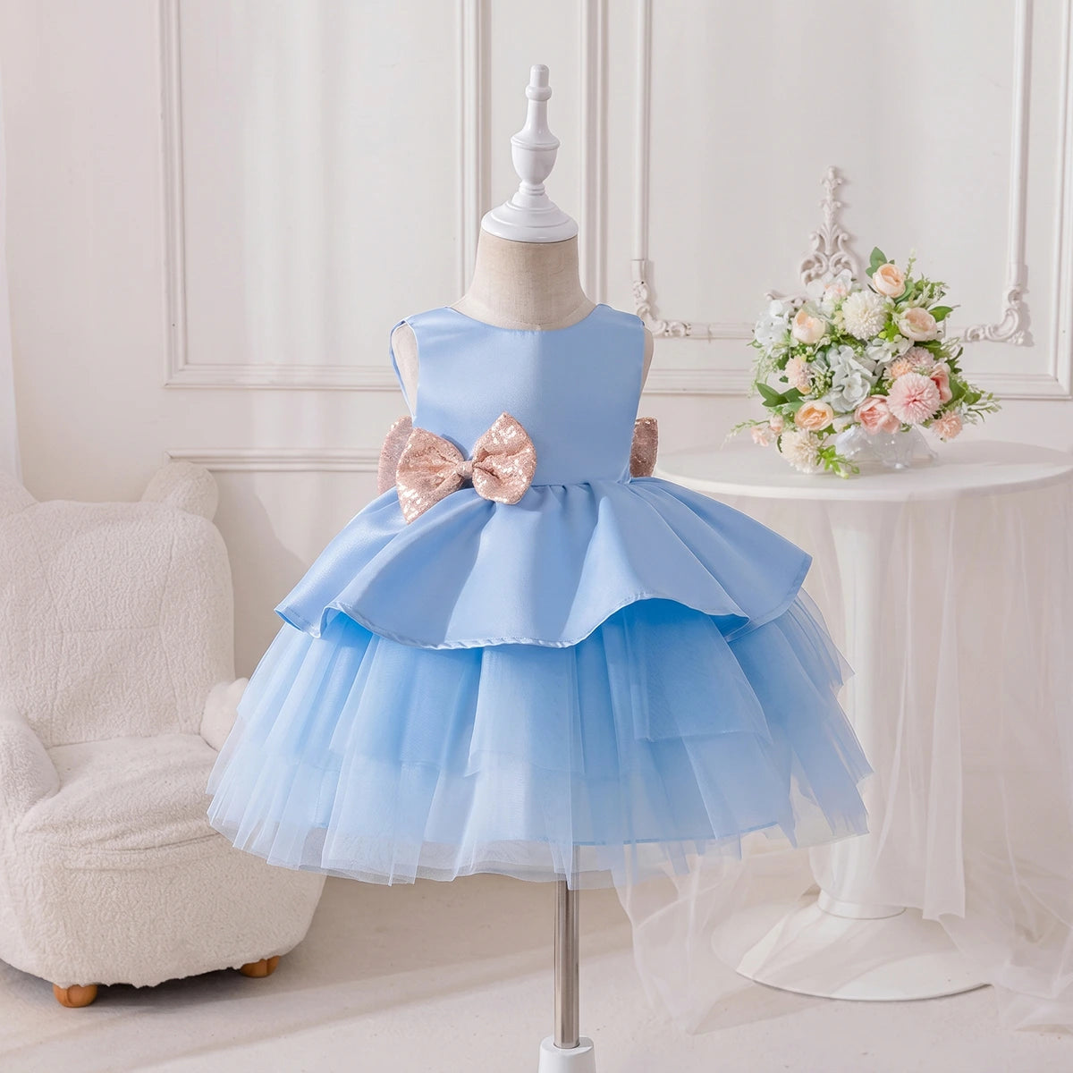 Girls Sky Blue Flared Party Wear Dress With Sequin Bow Party Dresses Sky Blue 1-2 Y