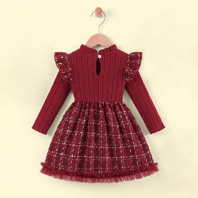 Girls Burgundy Checked Long Sleeve Pinafore Dress Casual Dresses