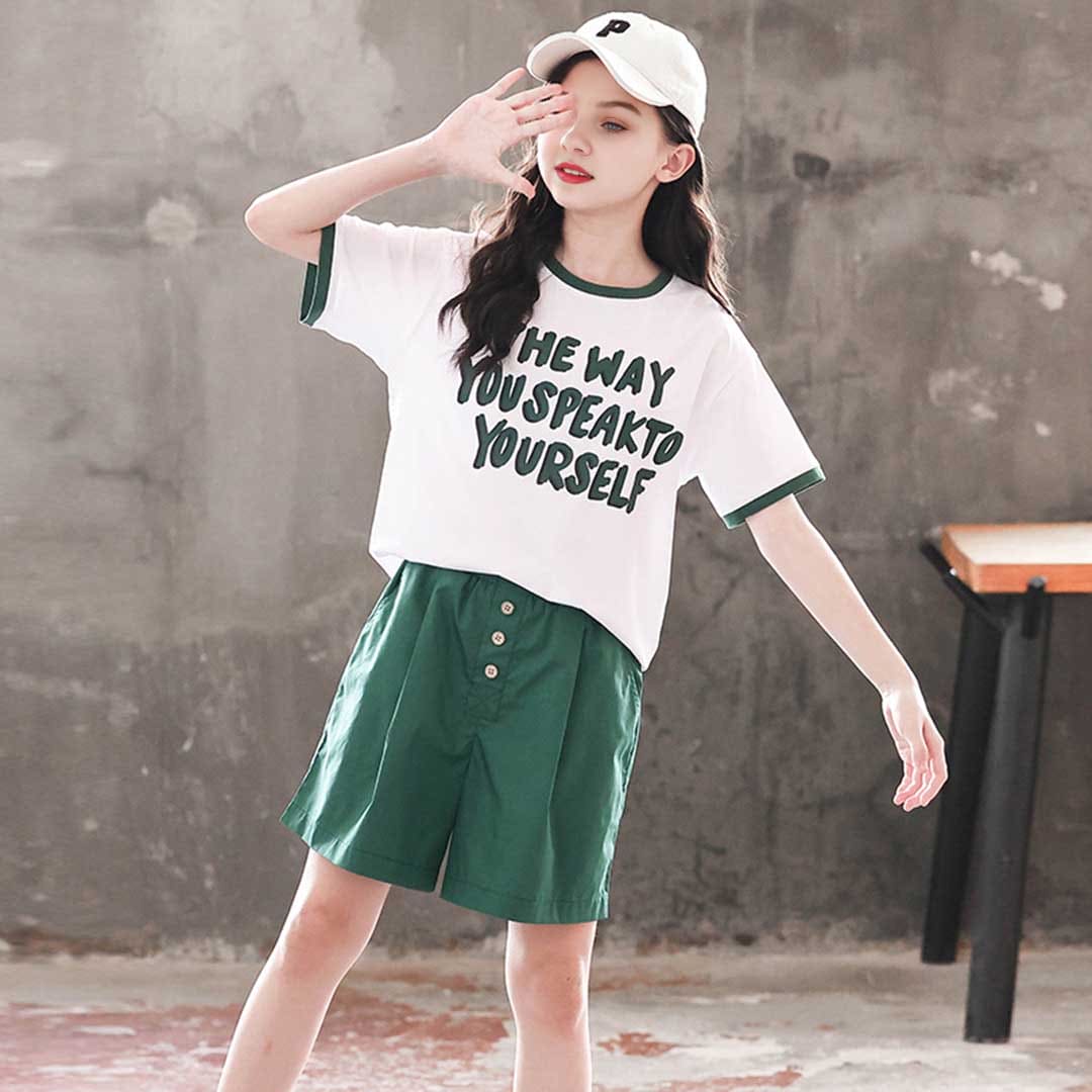 Girls Short Sleeve Typography Print T-Shirt With Shorts Set 2 pc. Sets Green 5-6 Y 