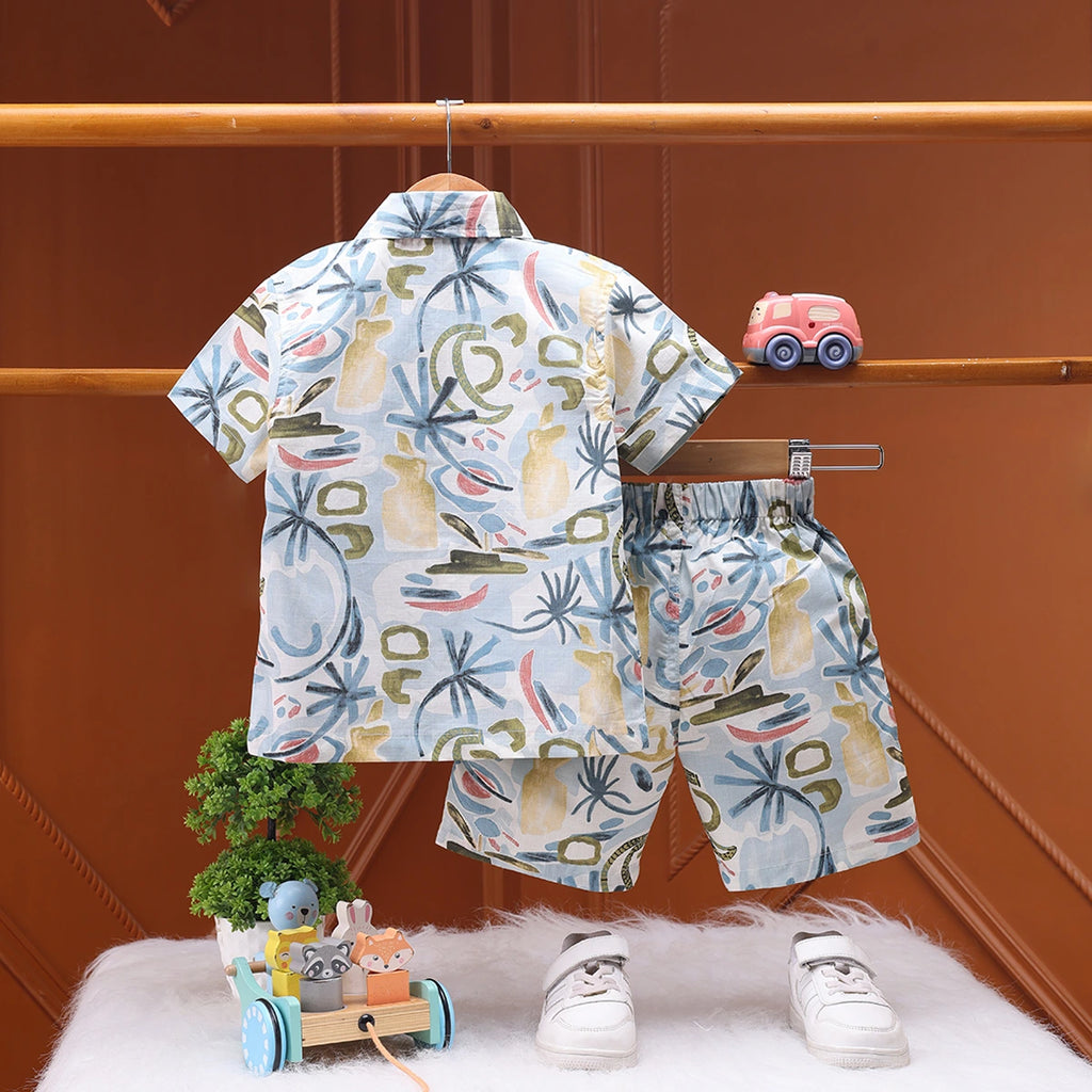 Boys White Abstract Print Short Sleeve Shirt With Graphic T-Shirt And Elasticated Shorts Sets 3 pc. Sets