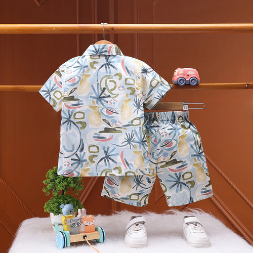 Boys White Abstract Print Short Sleeve Shirt With Graphic T-Shirt And Elasticated Shorts Sets 3 pc. Sets