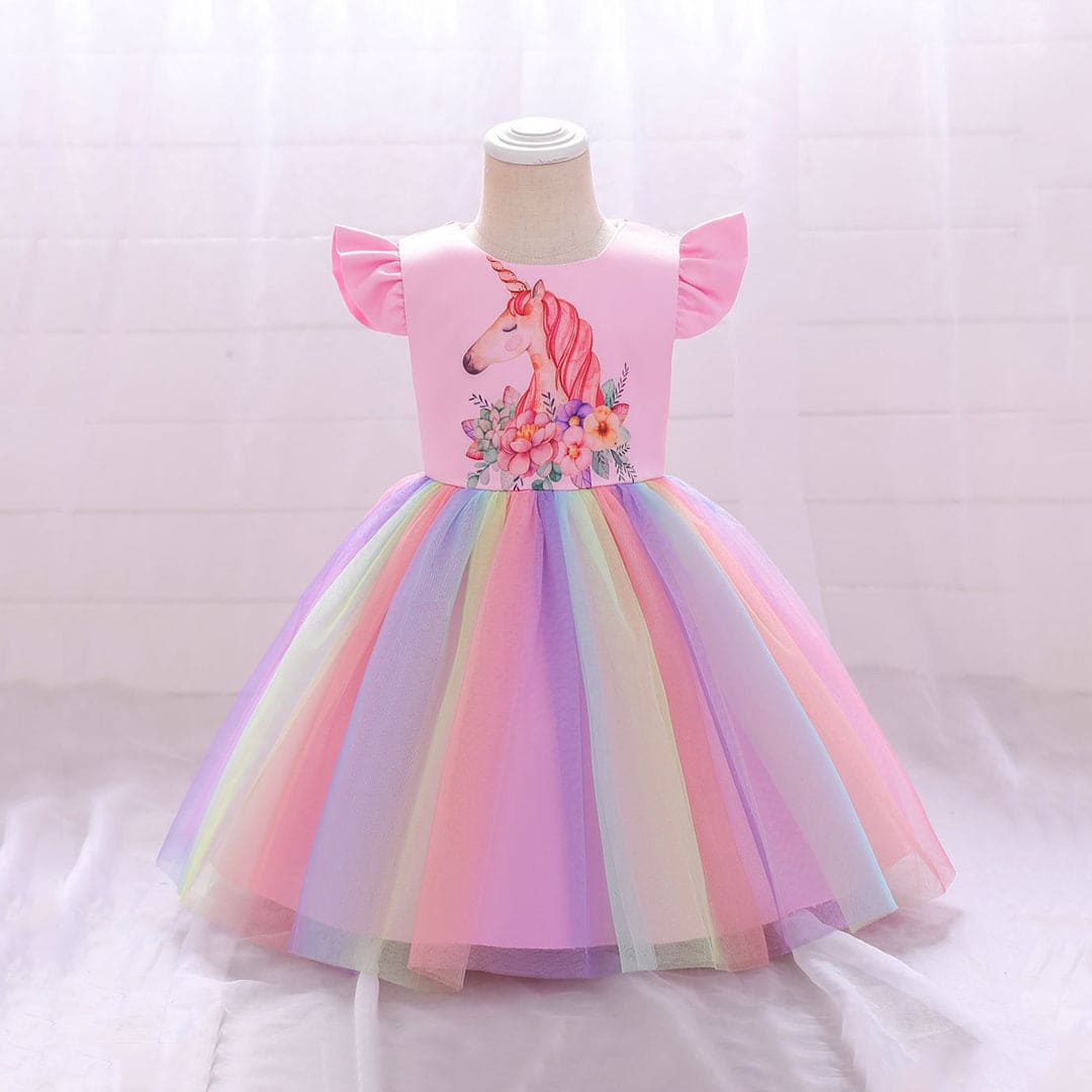 Girls Unicorn Print Party Wear Dress Party Dresses Pink 1-2 Y 