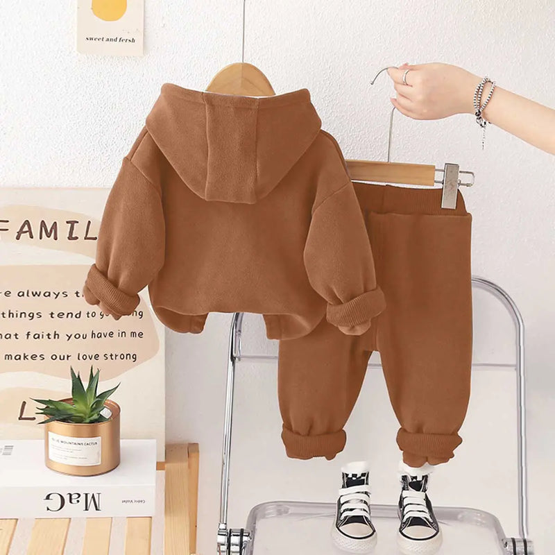 Boys Brown Letters Embroidered Fleece Hooded Zipper Jacket With Jogger Co-ord Sets Sets