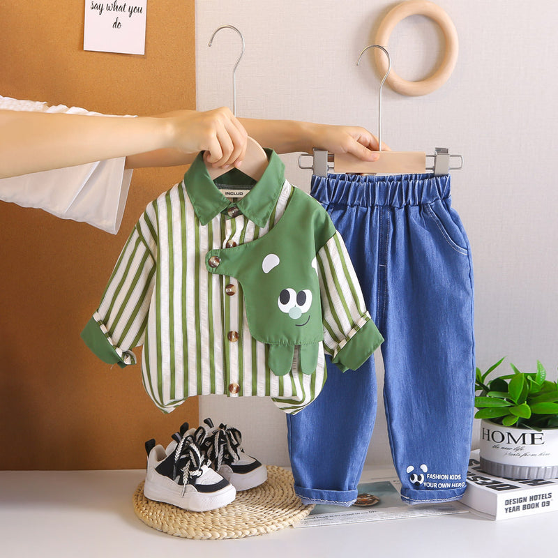 Boys Green Stripes Oversized Shirt With Denim Pants Set 2 pc. Sets Green 1-2 Y