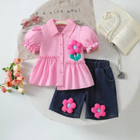 Girls Pink Flower applique Puff Sleeve Peplum Top With Denim Shorts Sets 2 pc. Sets Pink 3-4 Y
