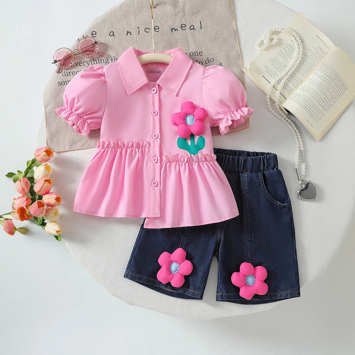 Girls Pink Flower applique Puff Sleeve Peplum Top With Denim Shorts Sets 2 pc. Sets Pink 3-4 Y