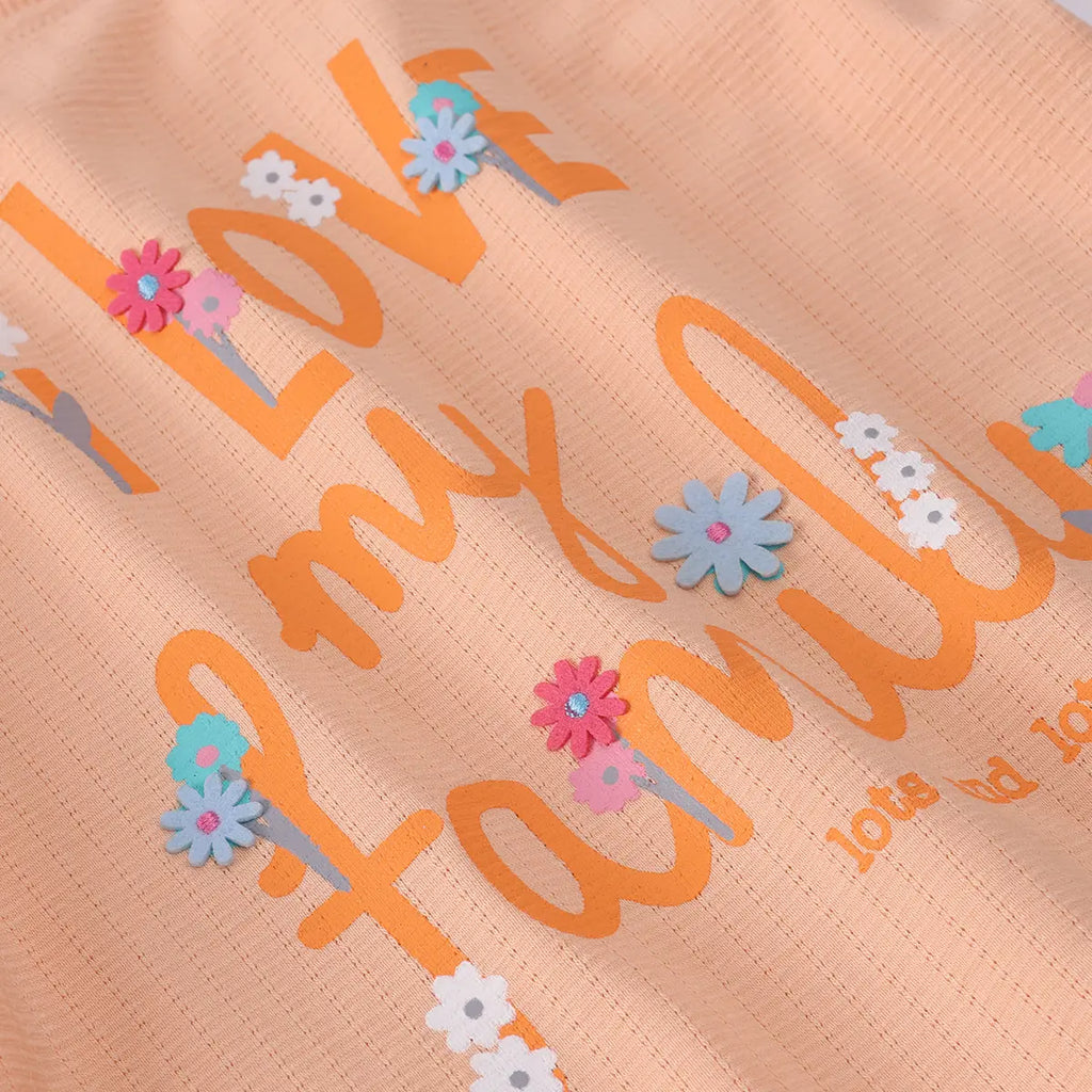 Girls Orange Typographic Printed Top With Denim Shorts Sets 2 pc. Sets