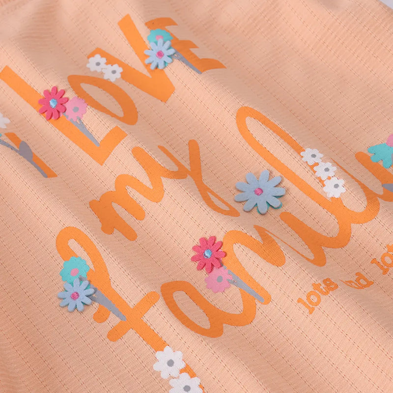 Girls Orange Typographic Printed Top With Denim Shorts Sets 2 pc. Sets