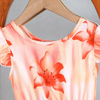 Girls Orange Floral Print Fit & Flare Dress With Bow Details Casual Dresses