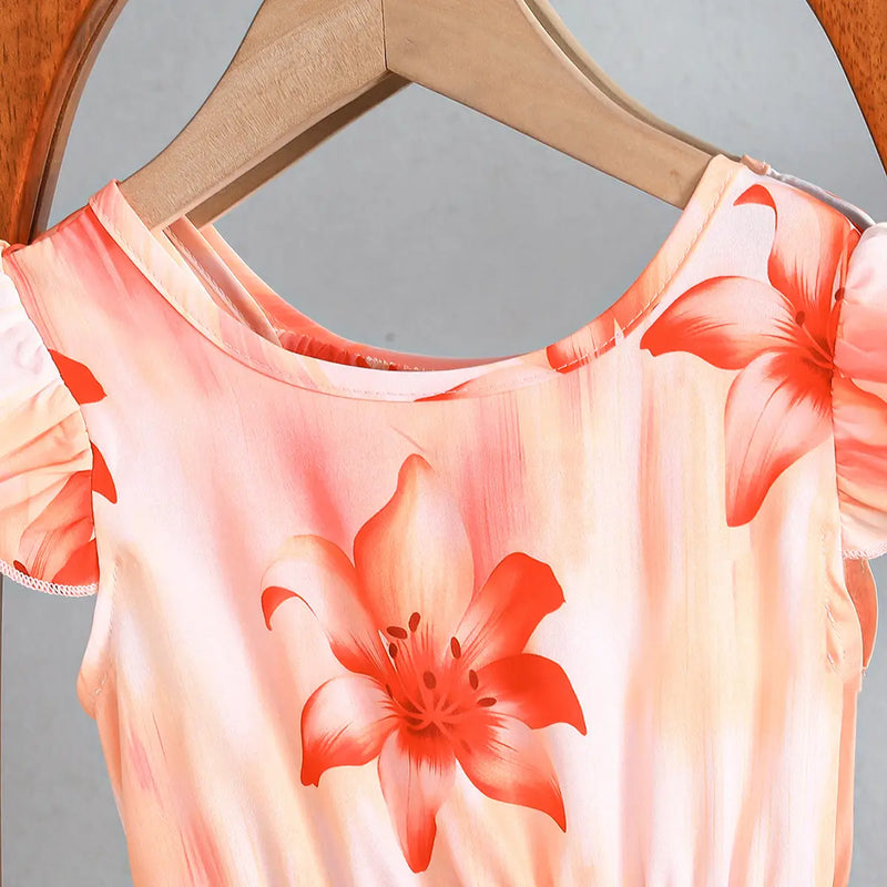 Girls Orange Floral Print Fit & Flare Dress With Bow Details Casual Dresses
