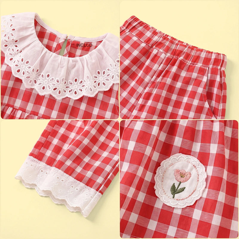 Girls Red Checked Sleeveless Top With Pants Sets 2 pc. Sets