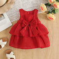 Girls Red Solid Bow Applique Sleeveless Fit And Flare Dress Casual Dresses Red 1-2 Y