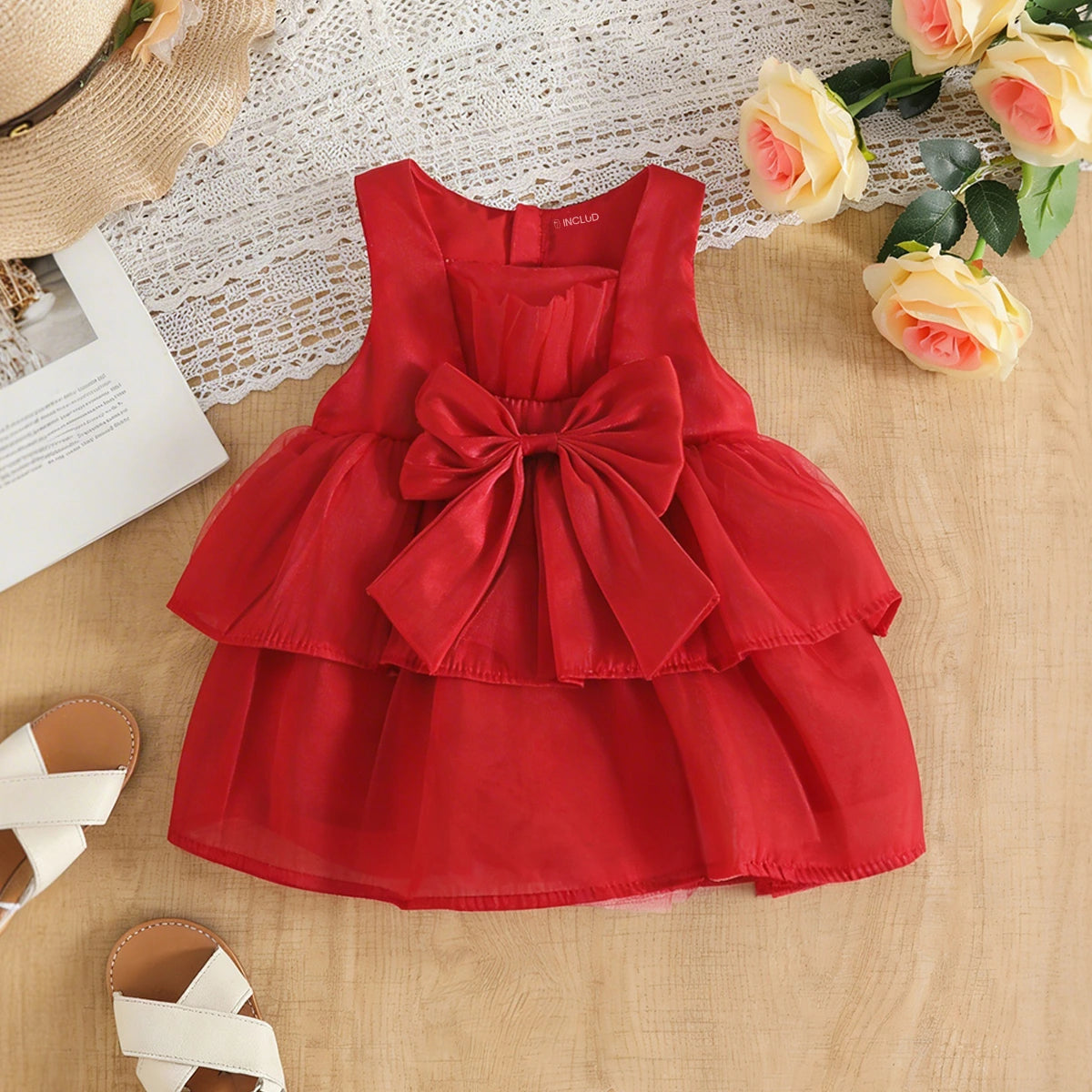 Girls Red Solid Bow Applique Sleeveless Fit And Flare Dress Casual Dresses Red 1-2 Y