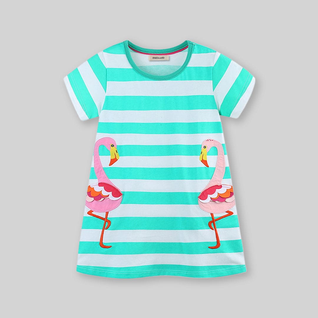 Girls Patch Applique Striped A-Line Dress Casual Dresses Green 1-2 Y 