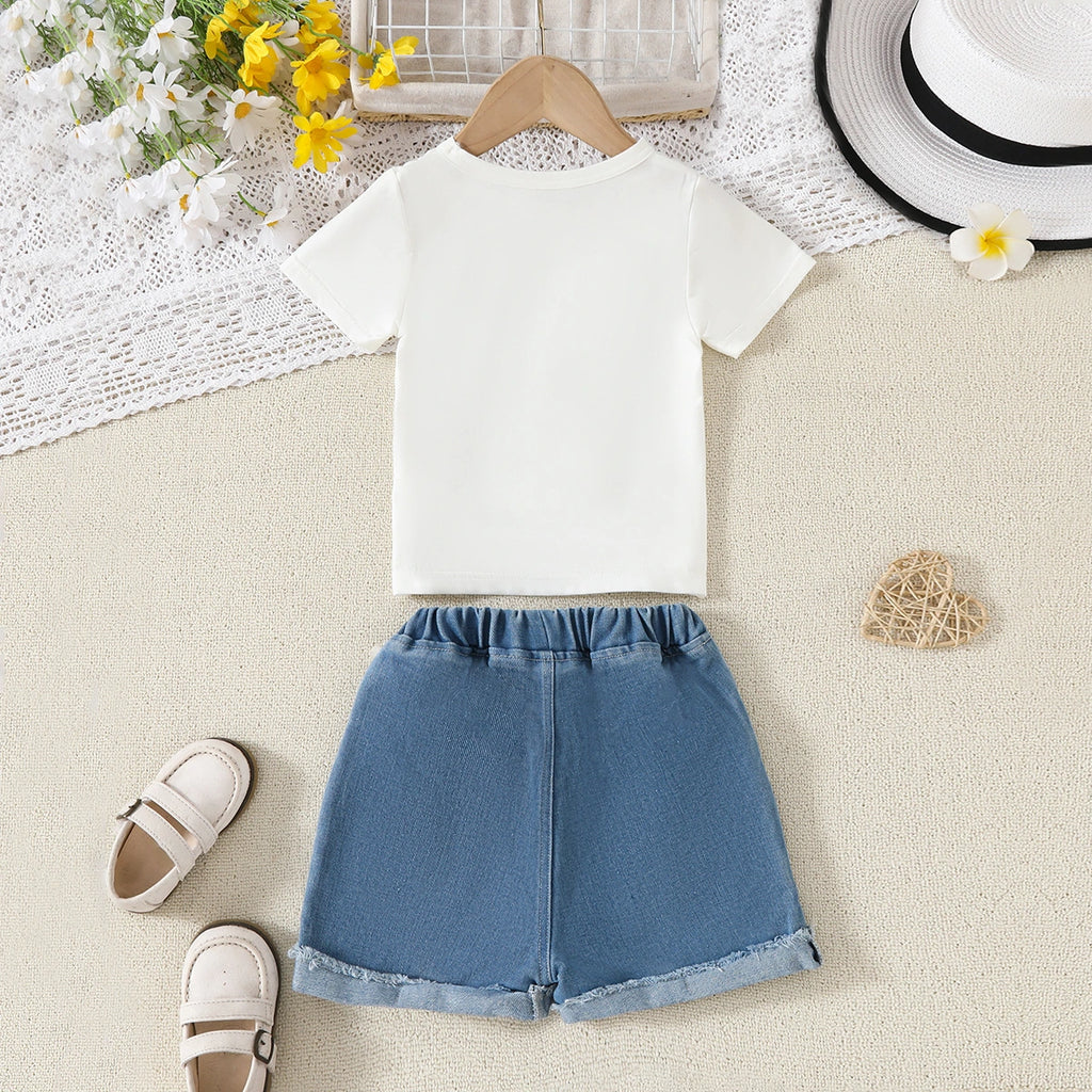 Girls White Floral Applique T-Shirt With Denim Shorts Sets Sets
