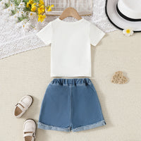 Girls White Floral Applique T-Shirt With Denim Shorts Sets Sets